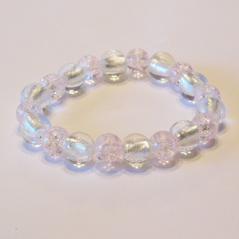 Handmade Murano & Pink Glass Cracked Beads Stretch Bracelet - 7.5"